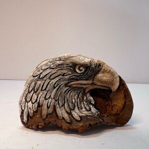 Unique Carved and Hand Painted Bald Eagle Art On Petrified Tree Fungus Vintage